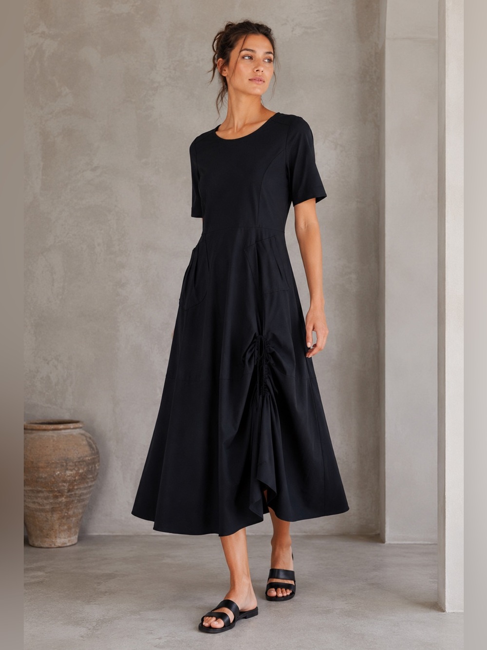 Jason by Comfy USA Side Ruched Drawstring Pockets Short Sleeve Black Midi Dress